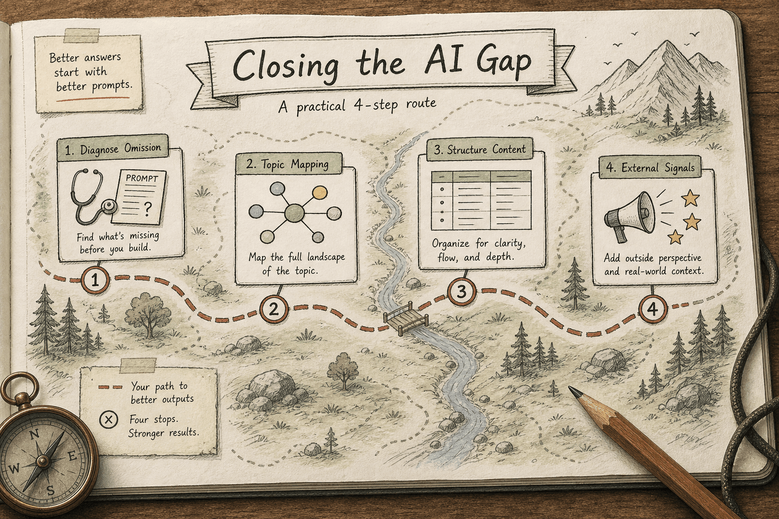 A four-step process map for turning an AI visibility gap into published content and external signals.
