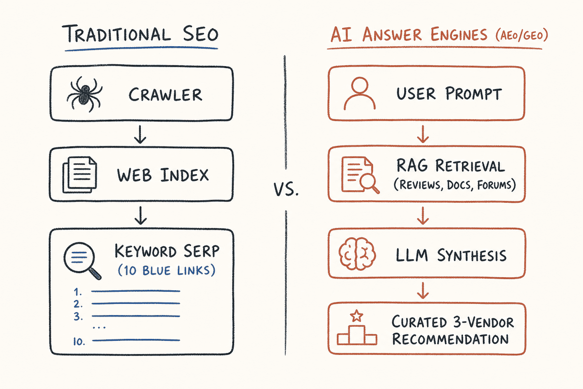 Diagram comparing traditional search engine indexing with AI RAG synthesis and recommendation shortlists.