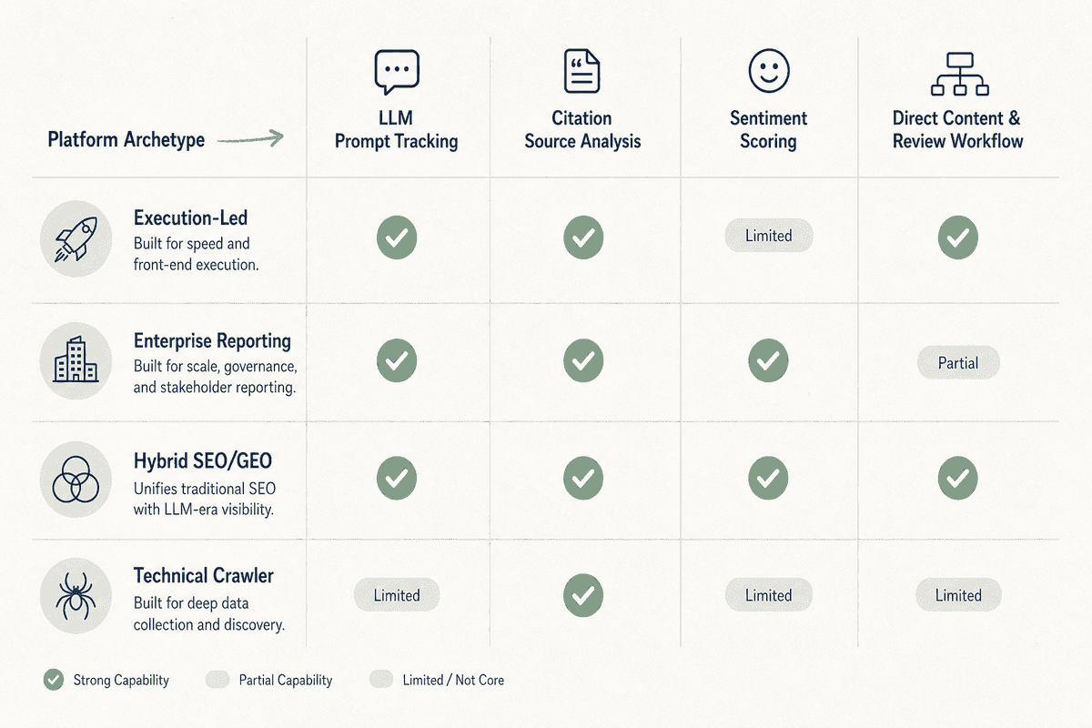 Feature comparison matrix of SaaS AI visibility tools covering prompt tracking, citation analysis, and execution capabilities