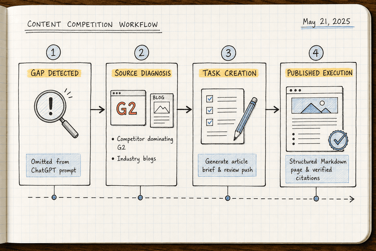 Four-step execution workflow from detecting an AI visibility gap to publishing structured remediation assets.