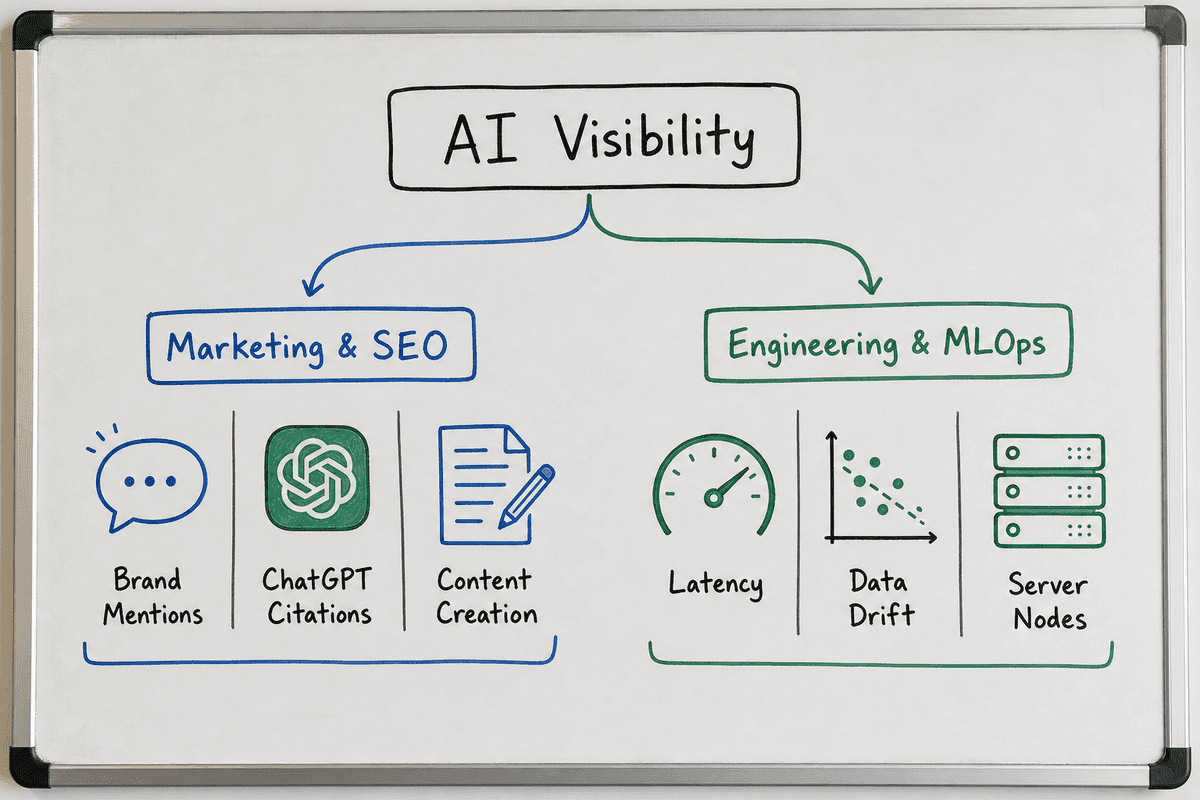 Flowchart illustrating the difference between marketing AI visibility and technical AI observability.