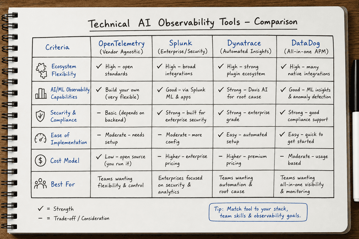 Comparison matrix of technical AI observability platforms including Splunk, Dynatrace, and DataDog.