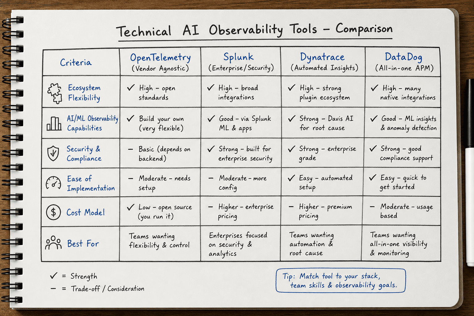 Comparison matrix of technical AI observability platforms including Splunk, Dynatrace, and DataDog.