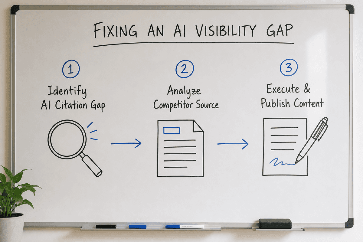 Workflow diagram showing how to turn an AI citation gap into published content.