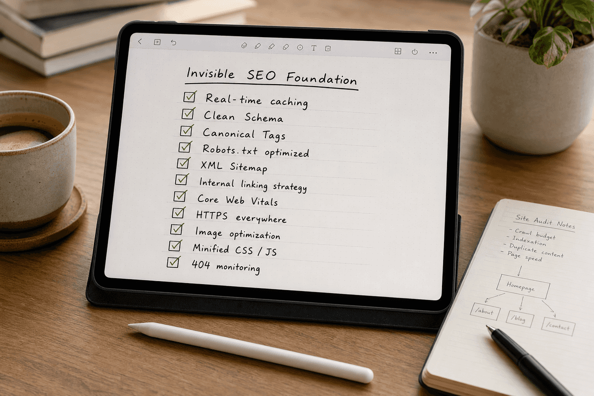 A digital notebook displaying a checklist for an invisible SEO technical foundation.