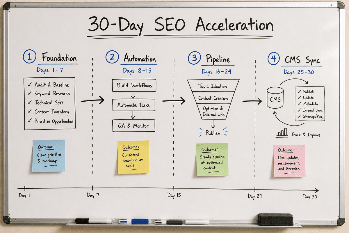 A hand-drawn whiteboard timeline showing a 30-day implementation roadmap for an automated SEO framework.