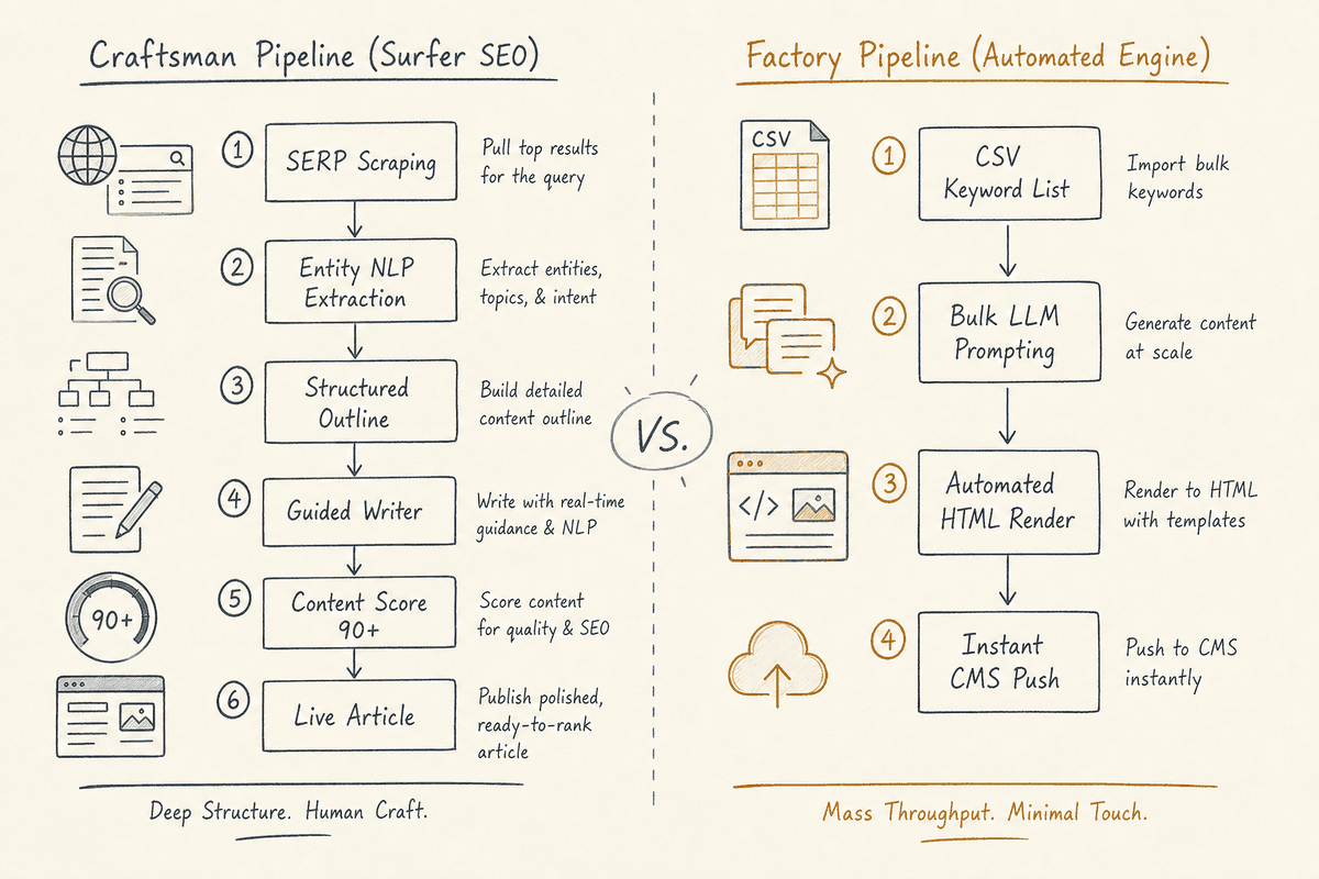 Workflow diagram comparing the structured Surfer SEO optimization pipeline against the bulk automated blogging engine pipelin