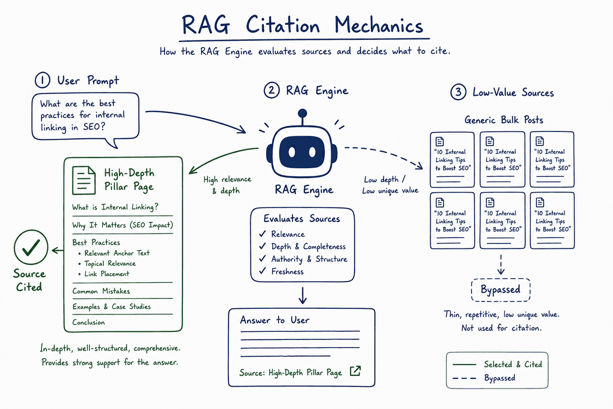 Diagram showing how AI search assistants cite deep structured content over generic high-volume automated articles.