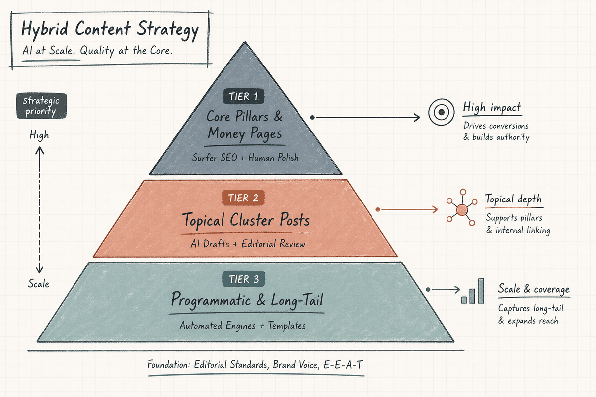 Three-tier pyramid diagram illustrating a hybrid SEO strategy combining Surfer SEO for pillar pages and automated engines for