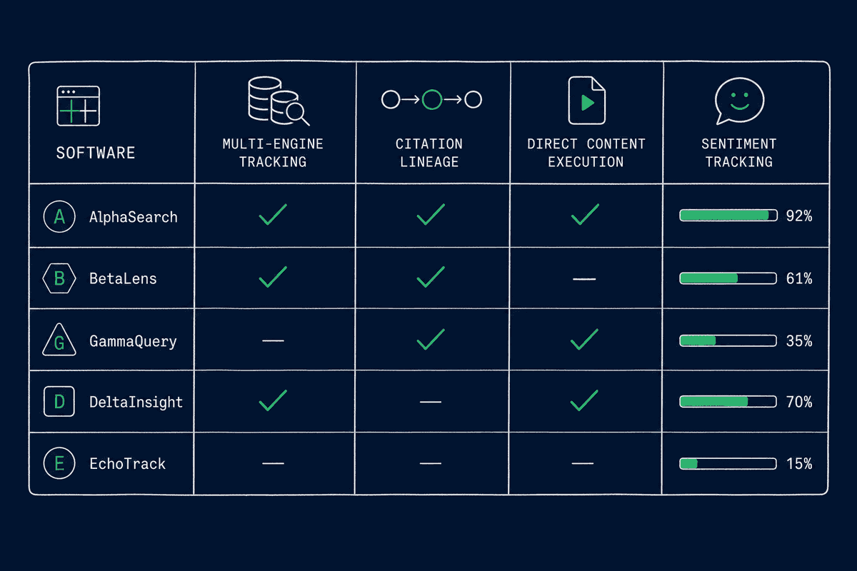 Matrix grid chart comparing features of AI visibility platforms