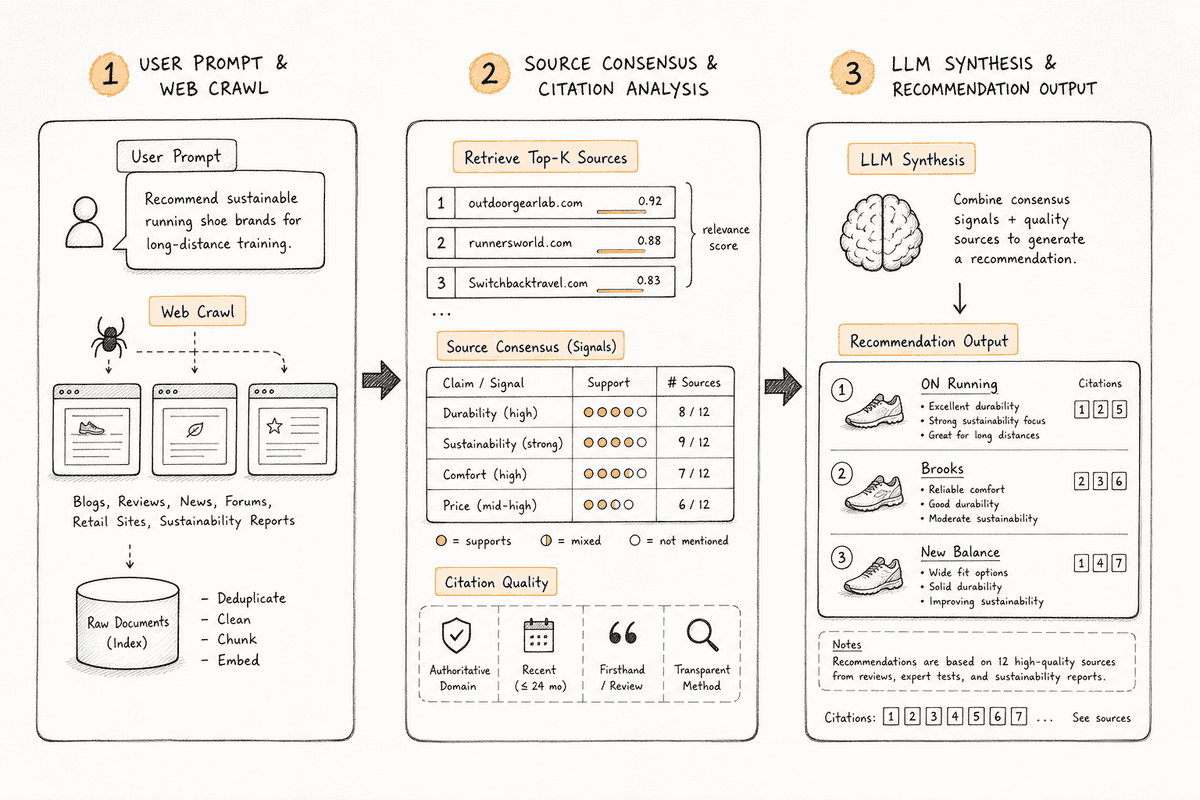 Diagram explaining how AI engines retrieve web citations to recommend brands