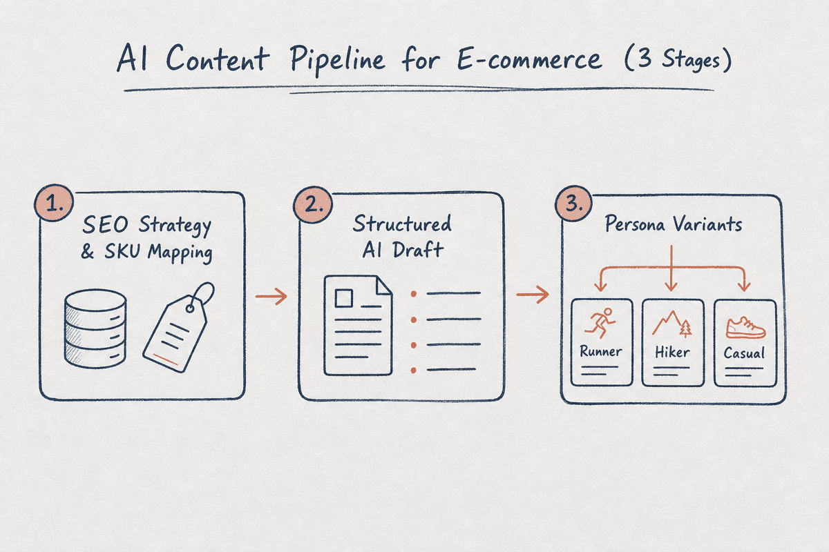 Diagram illustrating the three-stage AI blog scaling lifecycle for e-commerce stores.