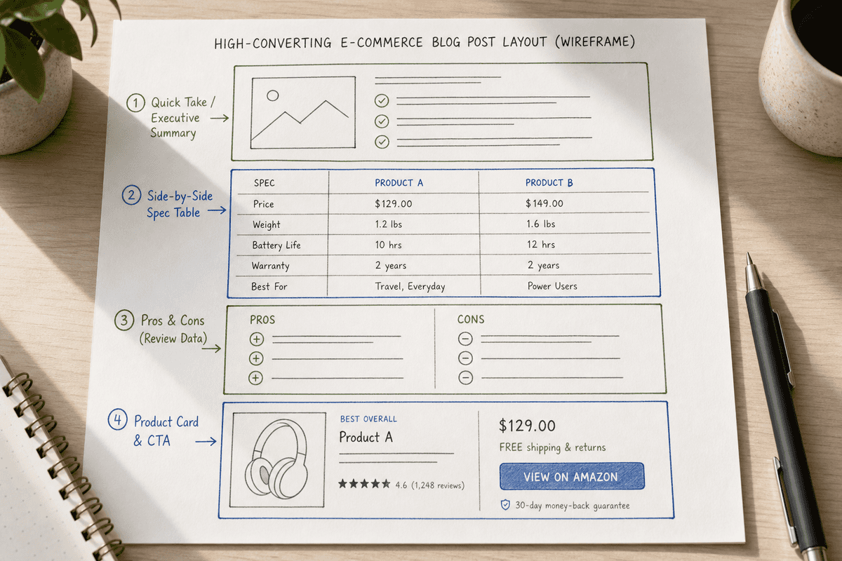 Wireframe layout showing modular structure and conversion elements of an AI-generated e-commerce blog article.