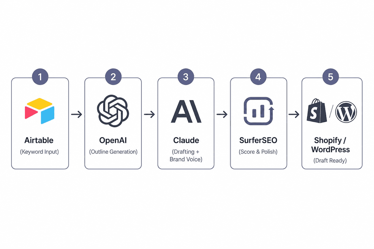 Step-by-step automation workflow diagram showing connected AI tools for e-commerce blog publishing.