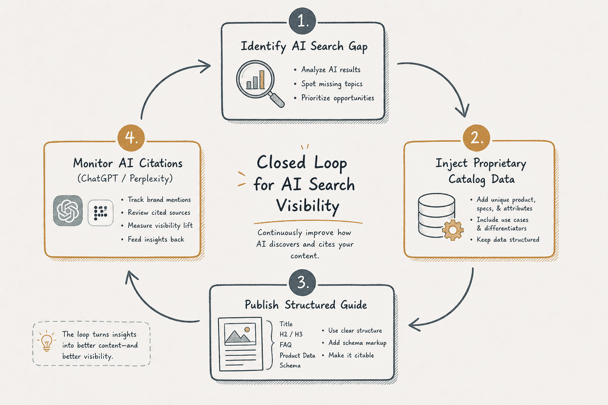 Circular diagram illustrating the continuous feedback loop between AI blog publishing and AI search visibility tracking.
