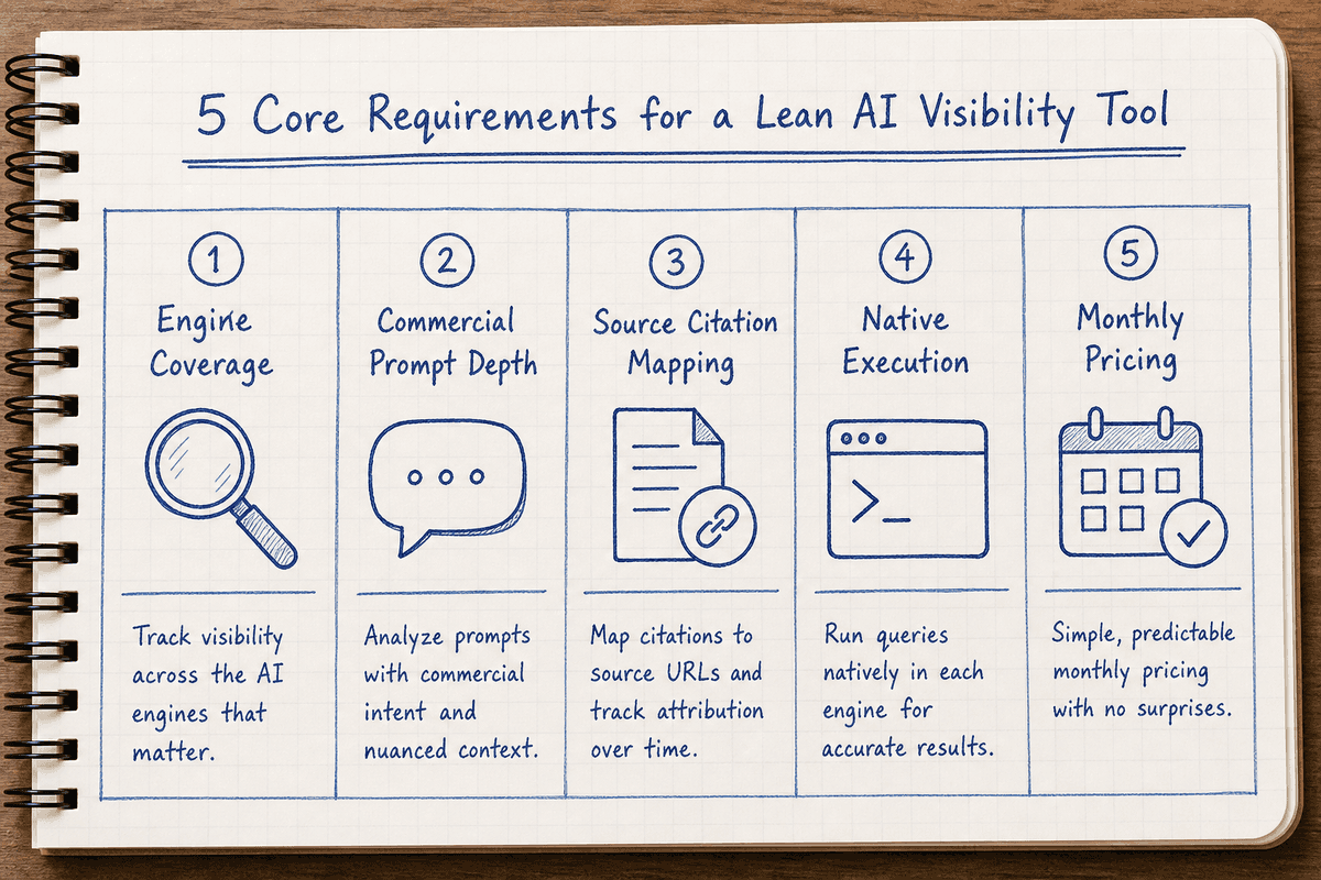 Notebook sketch outlining key capabilities required in a lean AI search visibility platform.