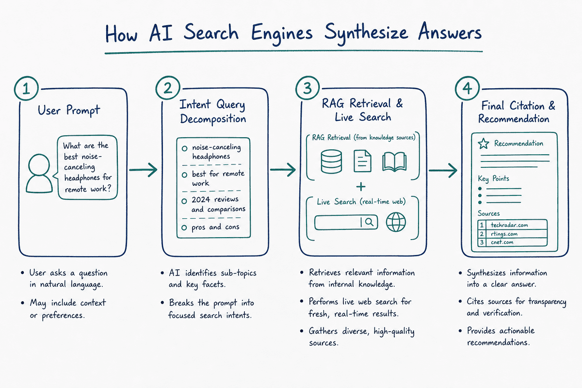 Flowchart diagram illustrating how AI search engines decompose queries and retrieve citations using RAG.