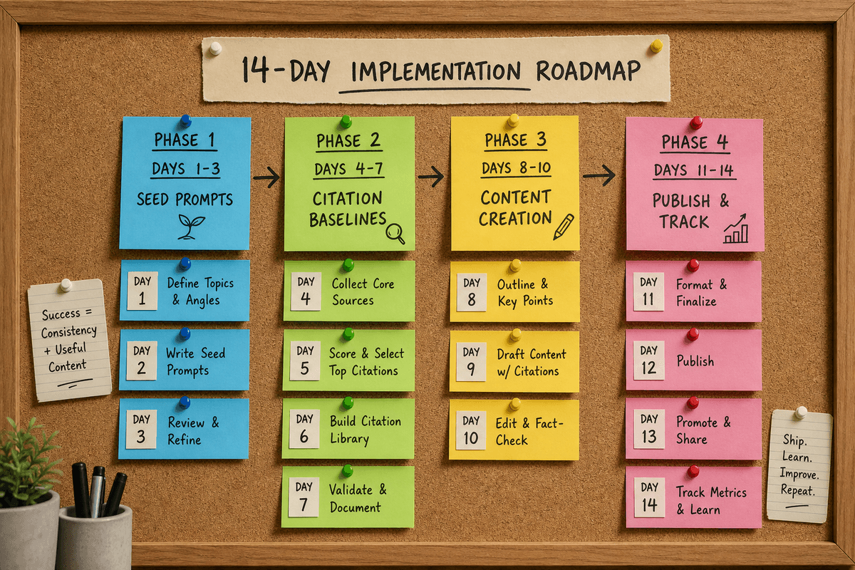 A 14-day step-by-step roadmap showing four distinct phases to set up an AI search visibility workflow.