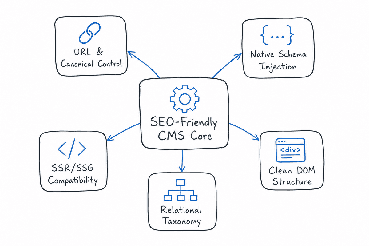 Diagram showing the five technical pillars of an SEO-friendly CMS including URL control, schema, SSR, DOM structure, and taxo