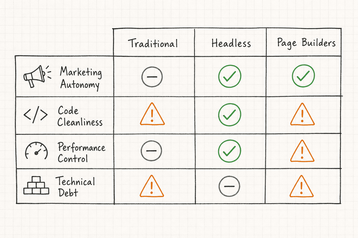 Comparison table matrix evaluating traditional, headless, and page builder CMS platforms across marketing autonomy, performan