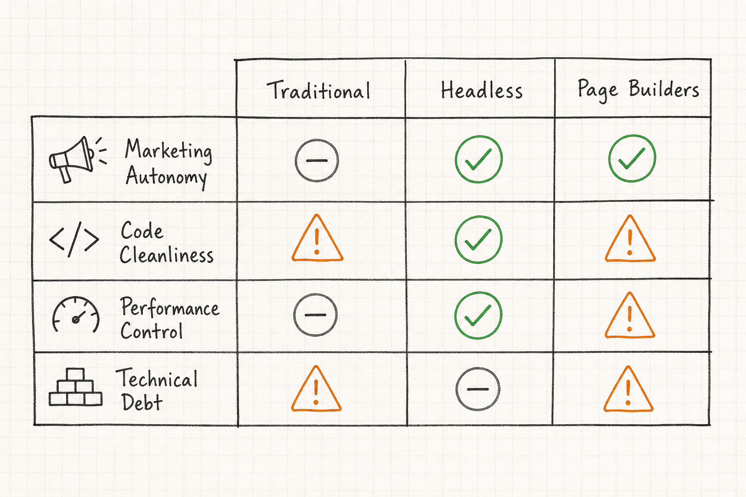 Comparison table matrix evaluating traditional, headless, and page builder CMS platforms across marketing autonomy, performan
