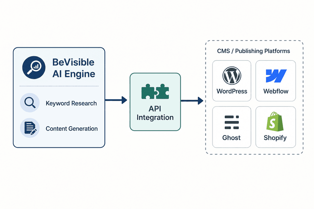 Flowchart illustrating the BeVisible API automatically pushing generated content directly into CMS platforms like WordPress a