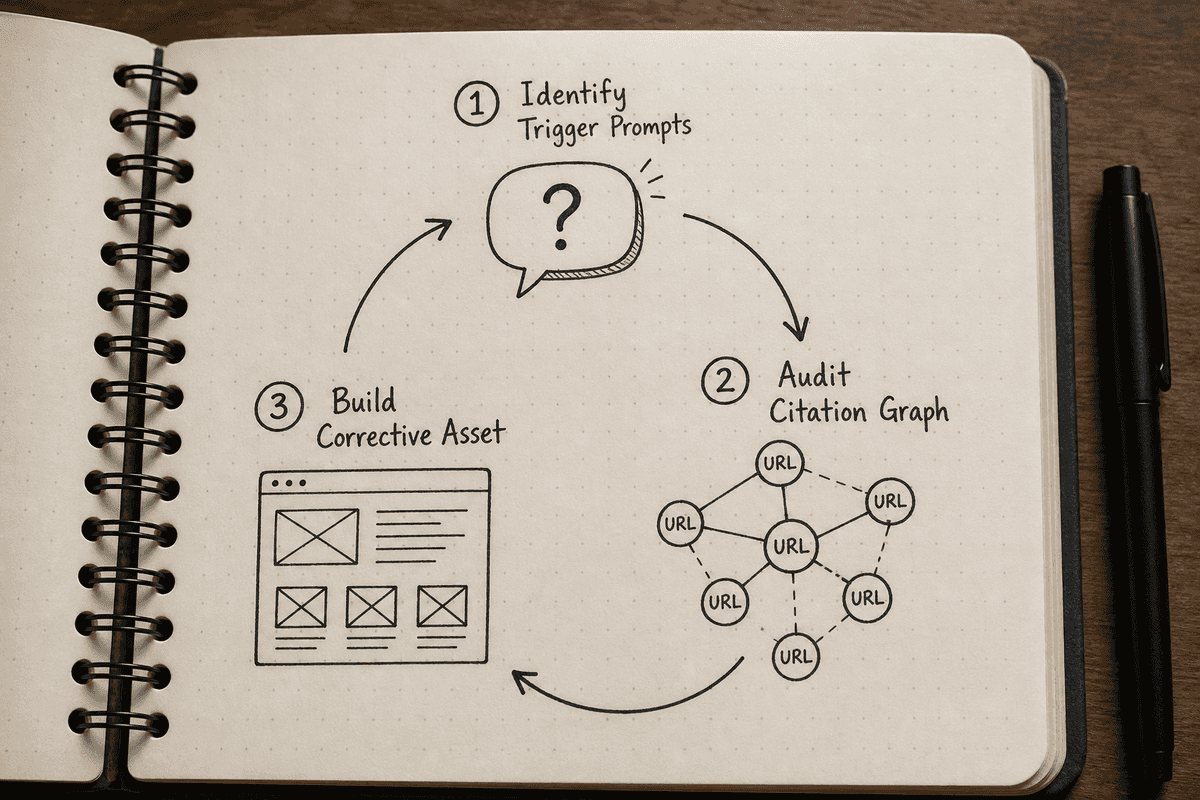 3-step process loop for correcting AI search engine miscategorizations.