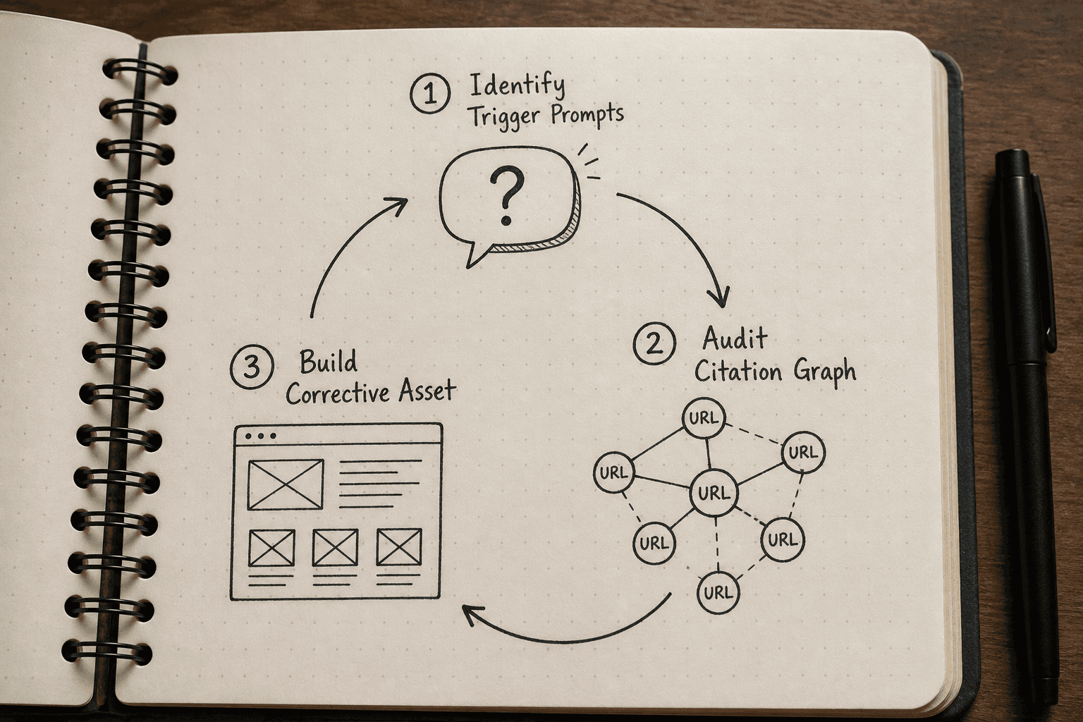 3-step process loop for correcting AI search engine miscategorizations.
