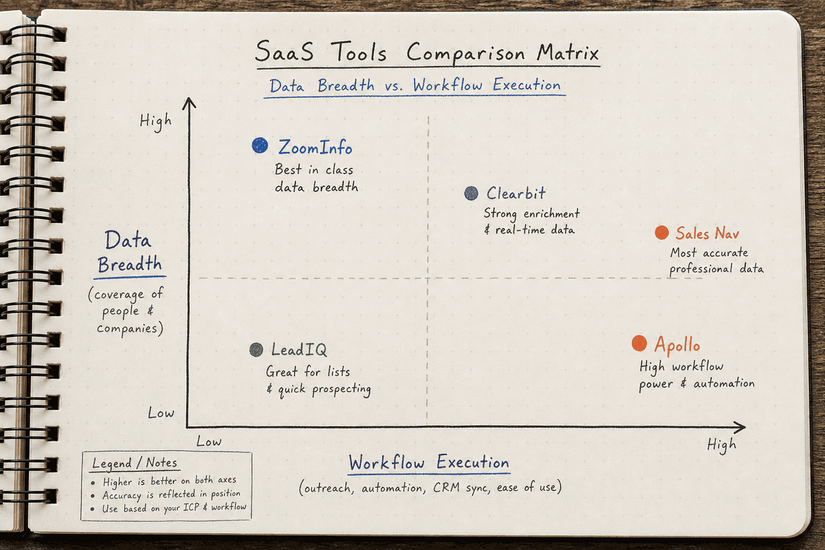 Comparison matrix of SaaS data tools based on data breadth and workflow execution.