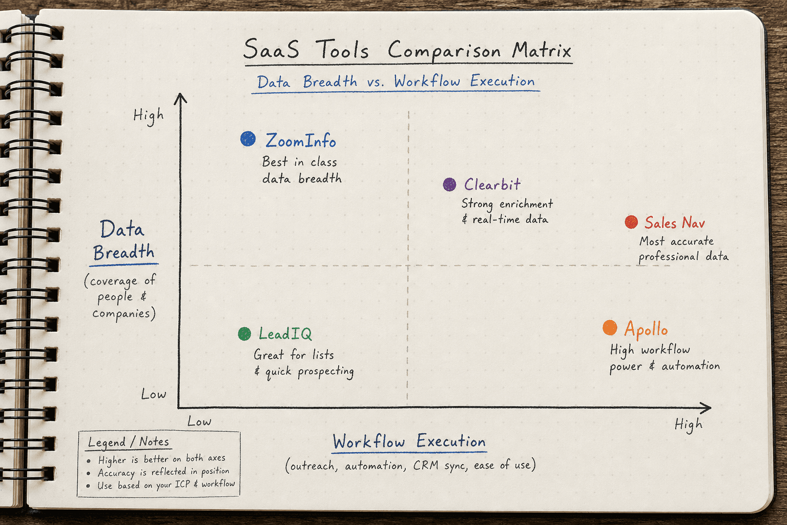 Comparison matrix of SaaS data tools based on data breadth and workflow execution.