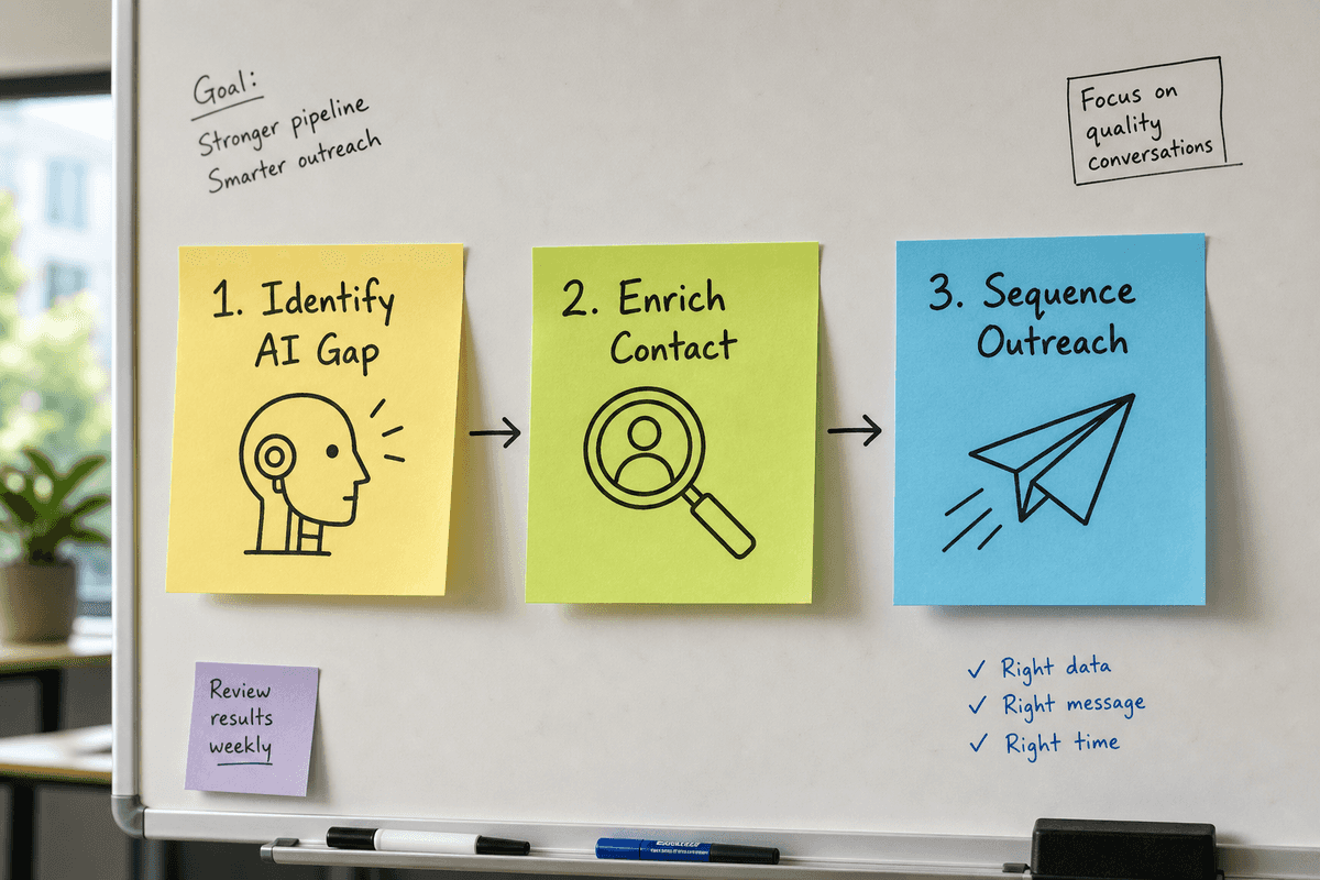 Three-step process flow for actioning AI visibility gaps using enrichment tools.