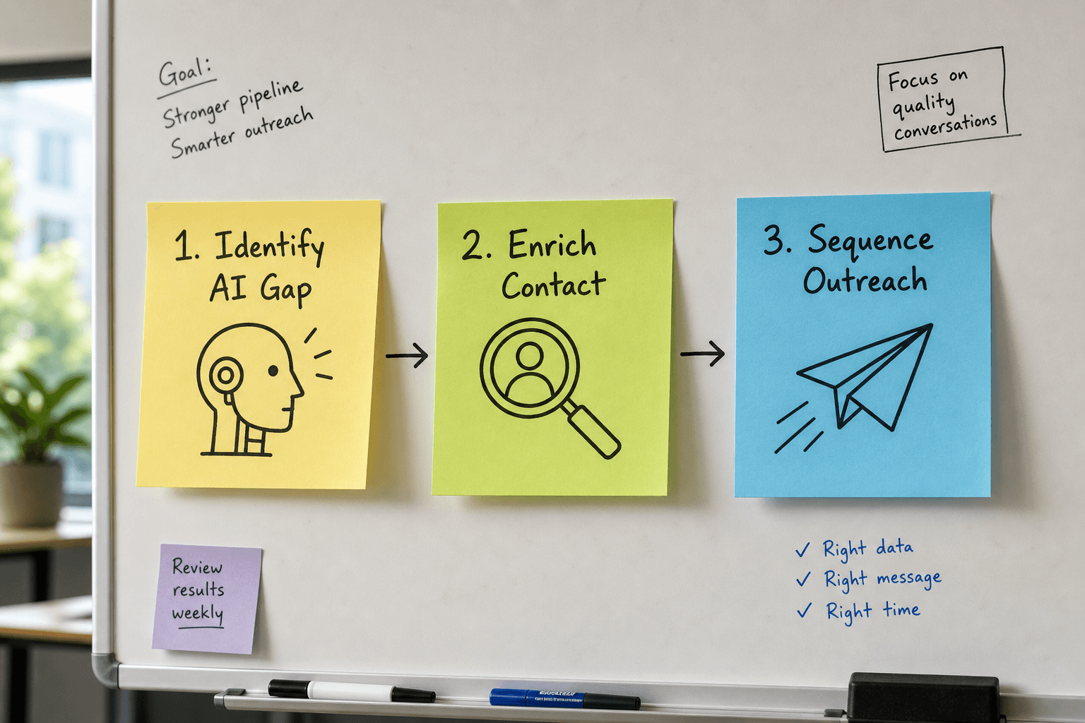 Three-step process flow for actioning AI visibility gaps using enrichment tools.
