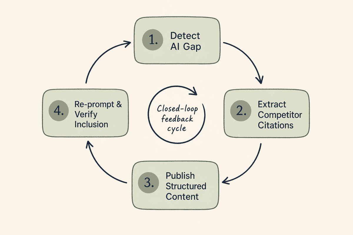 Closed-loop process diagram showing gap detection, citation analysis, content publishing, and AI re-prompting.
