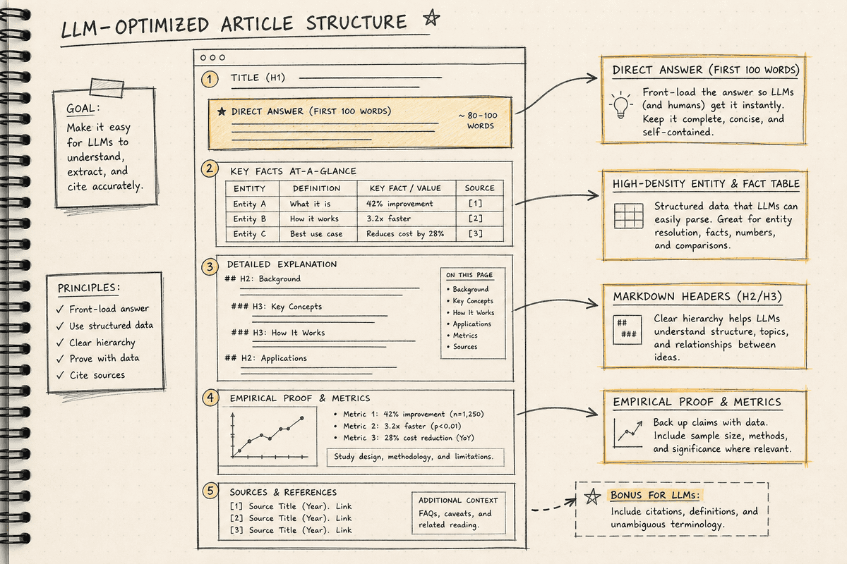 Wireframe sketch showing structured content anatomy designed for LLM crawler extraction and citation.