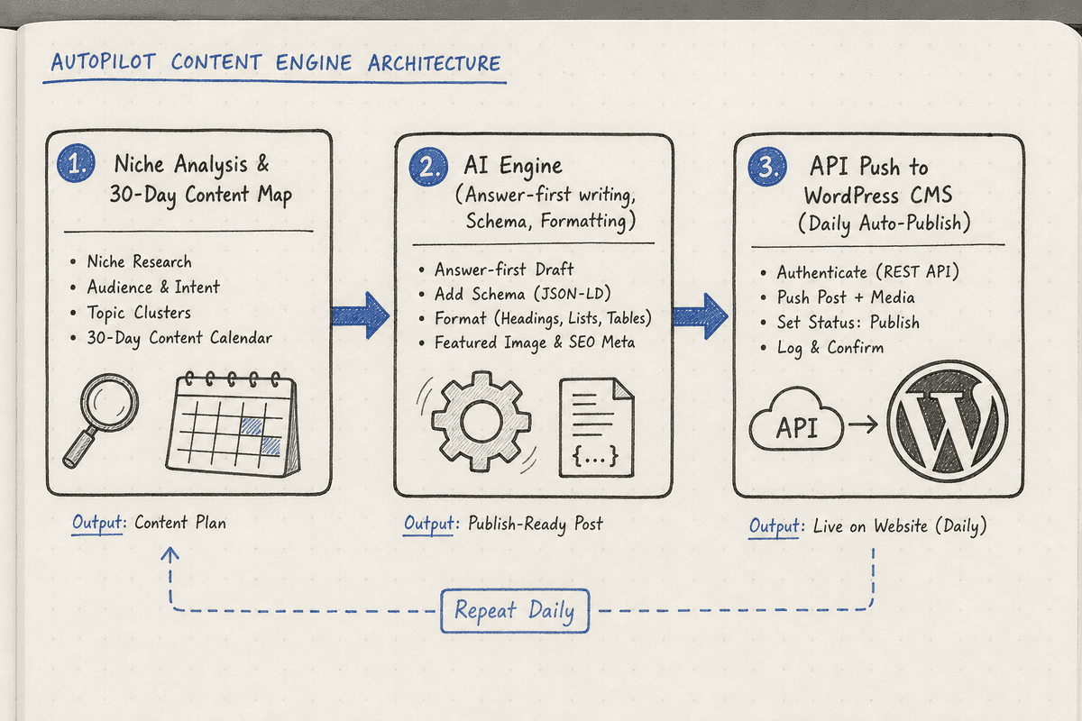 Flowchart illustrating how an automated SEO pipeline connects to a WordPress site via API.