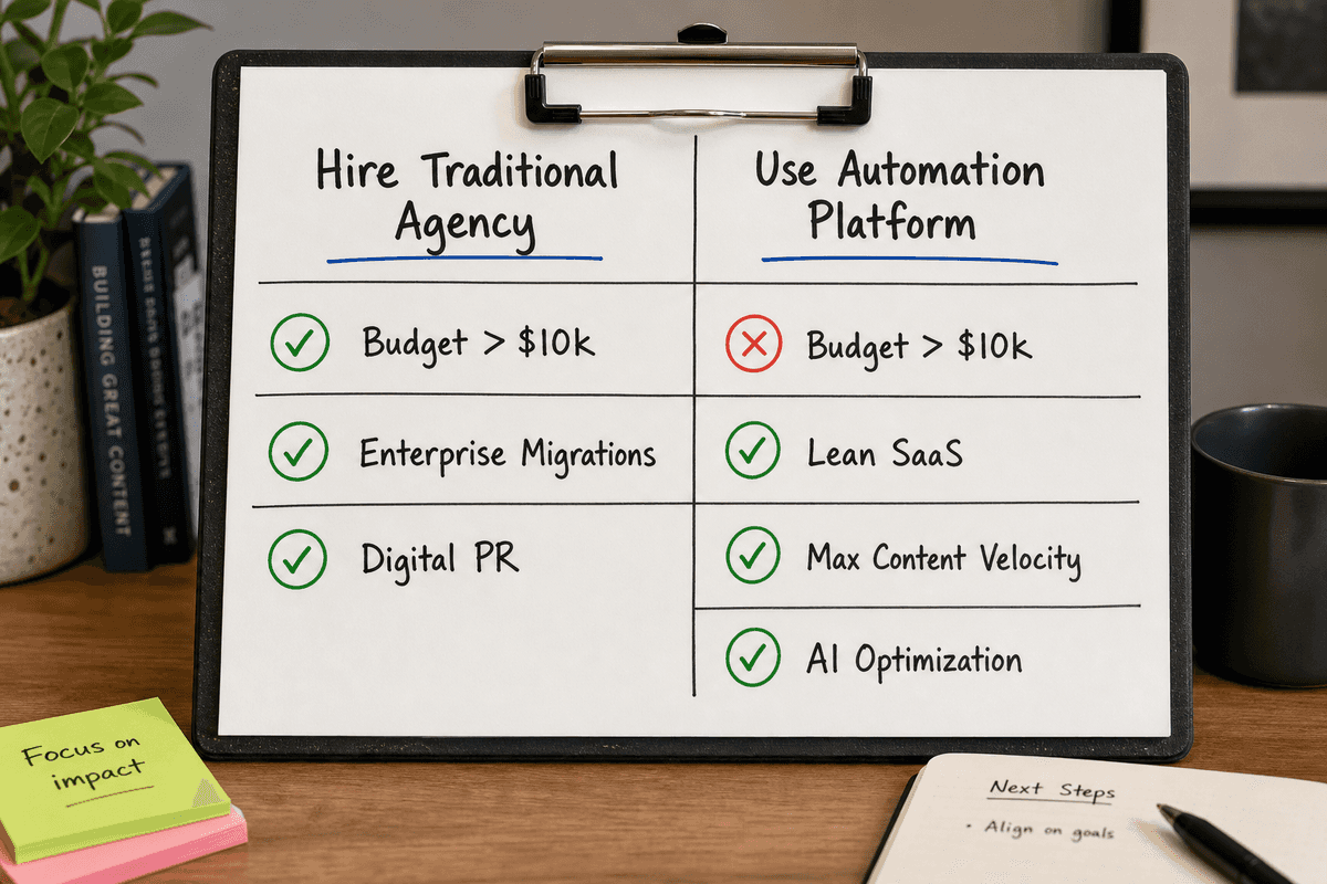 Decision matrix comparing when to hire a traditional SEO agency versus using an automation platform.