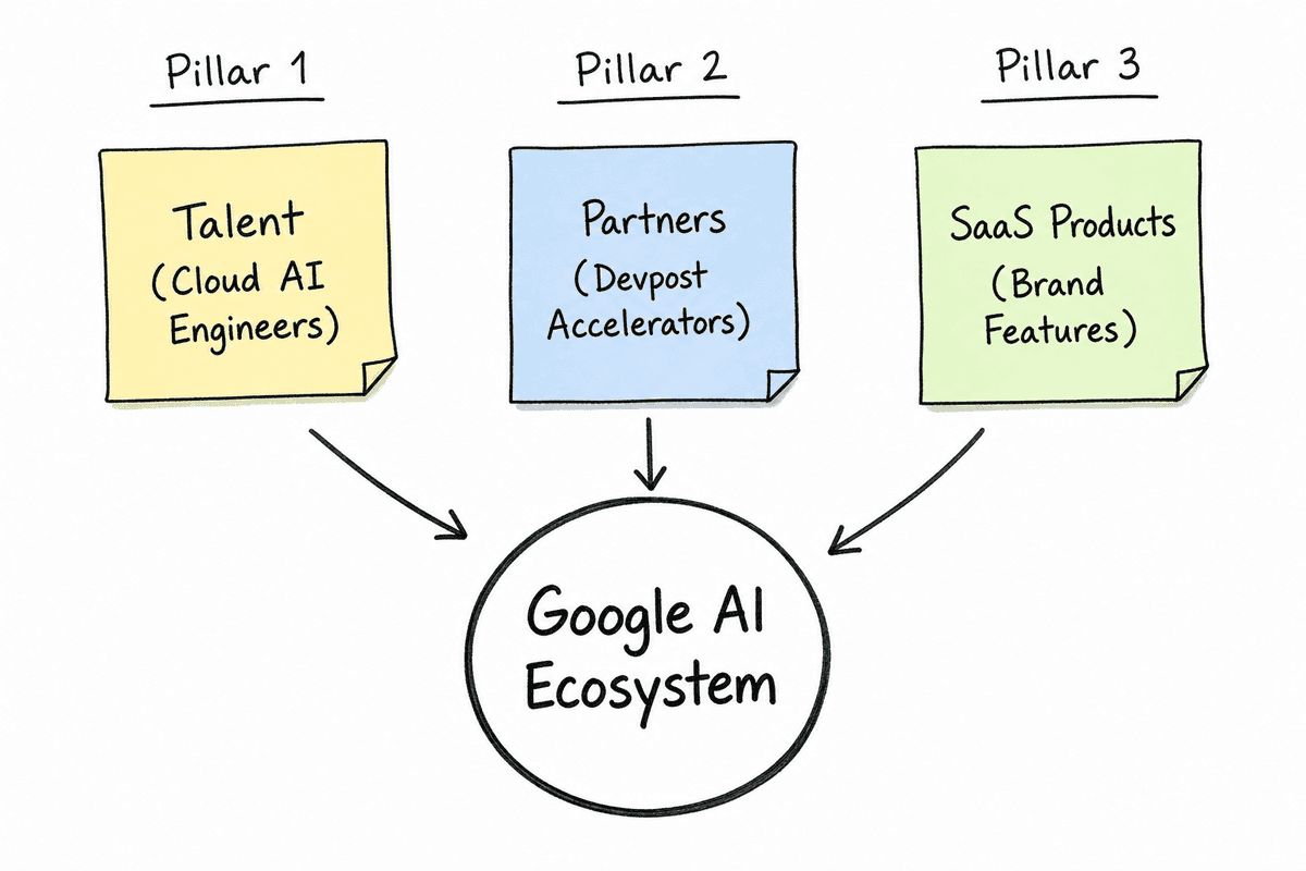 A whiteboard diagram illustrating the three pillars of the Google AI Catalyst ecosystem: Talent, Partners, and SaaS products.