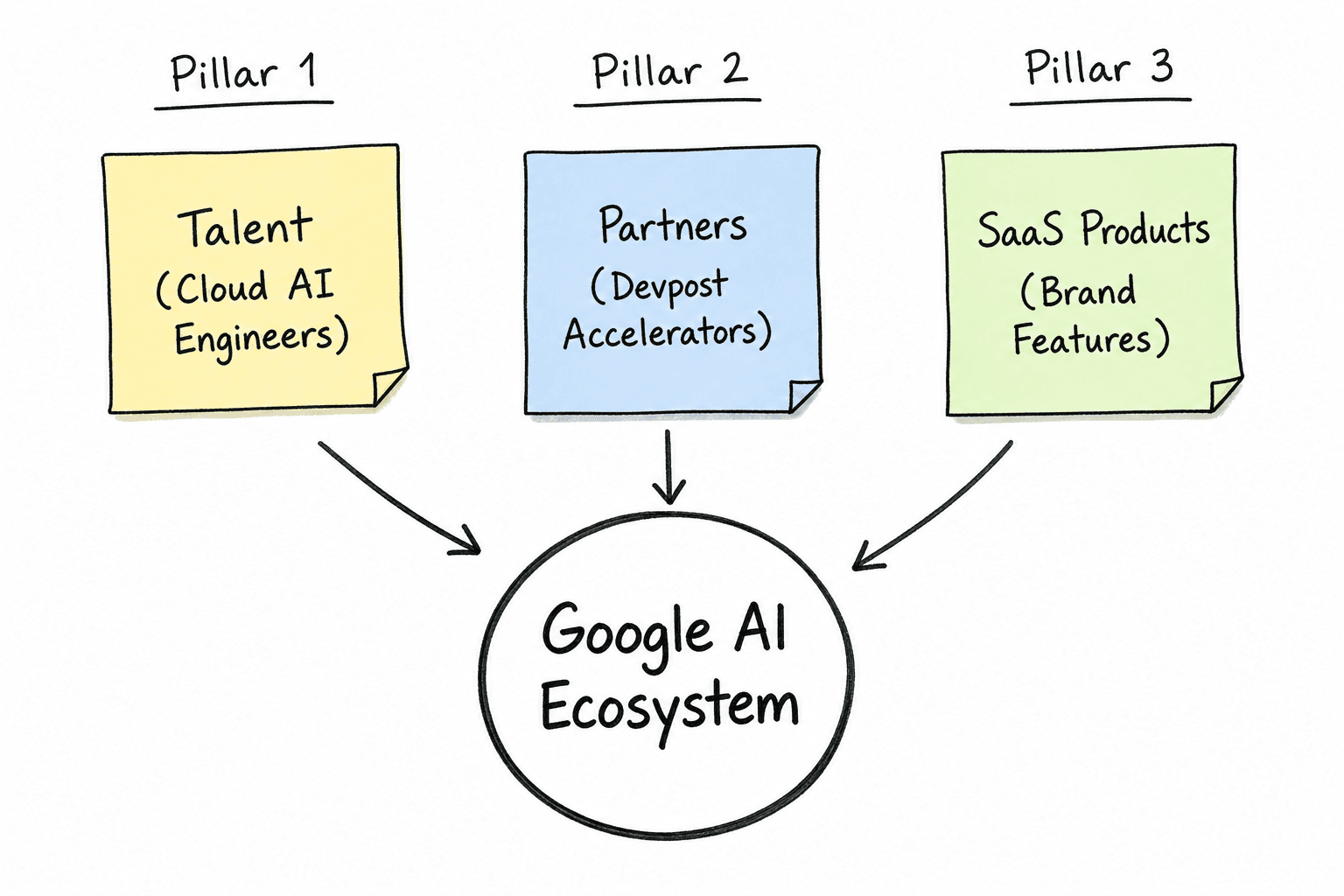 A whiteboard diagram illustrating the three pillars of the Google AI Catalyst ecosystem: Talent, Partners, and SaaS products.