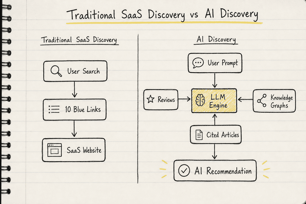 A flowchart comparing traditional search engine discovery with modern AI answer engine discovery for SaaS products.