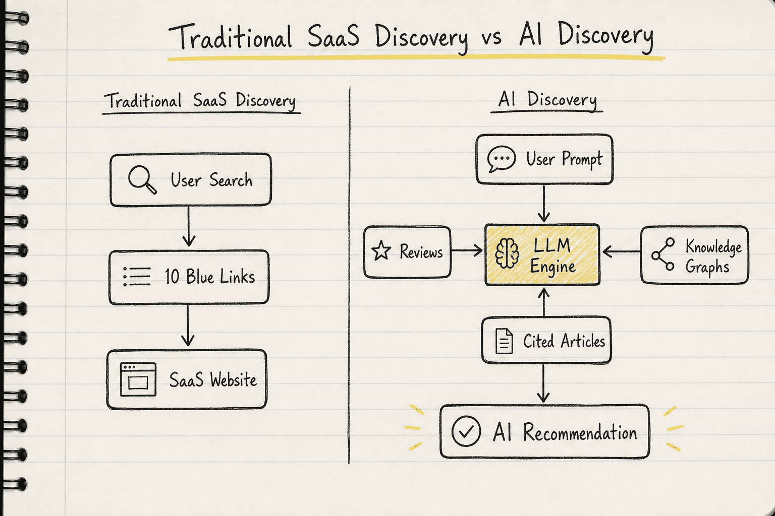 A flowchart comparing traditional search engine discovery with modern AI answer engine discovery for SaaS products.
