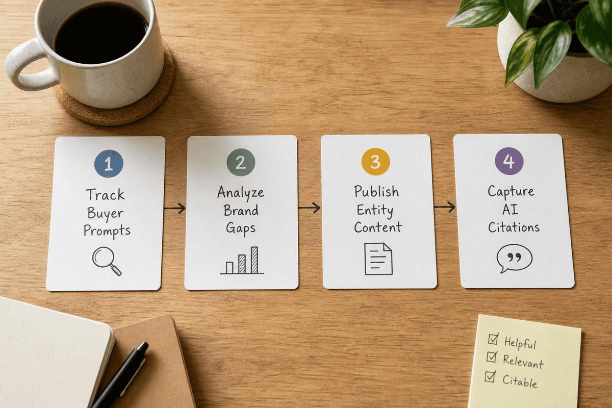 A four-step workflow pipeline for tracking and capturing AI search visibility.