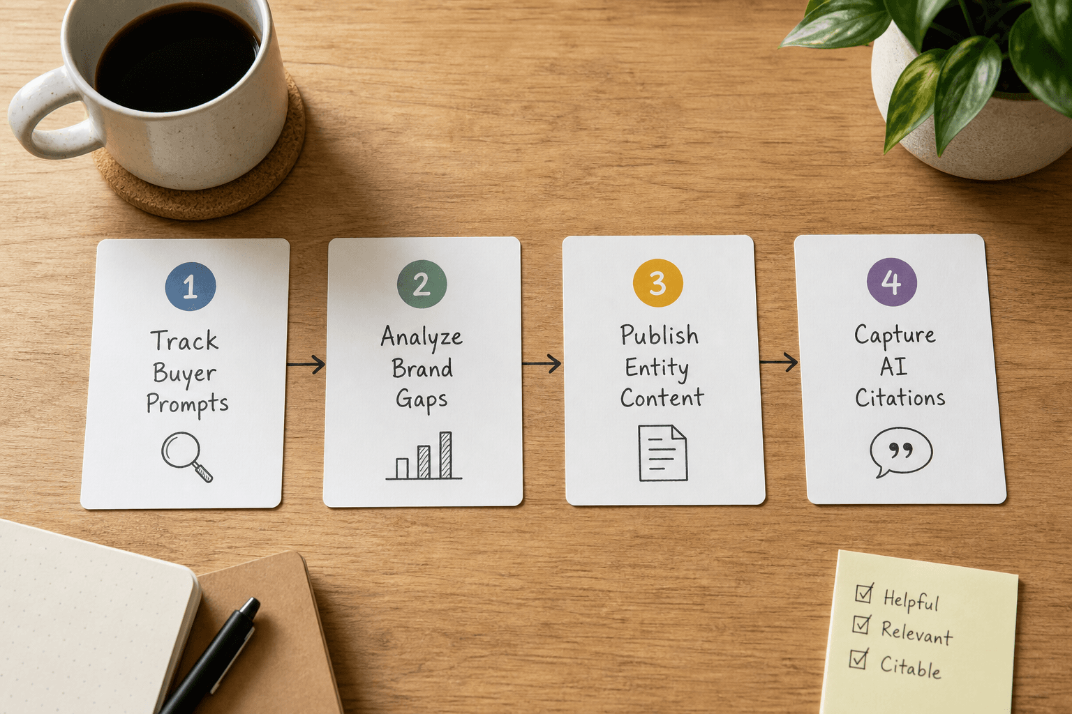 A four-step workflow pipeline for tracking and capturing AI search visibility.