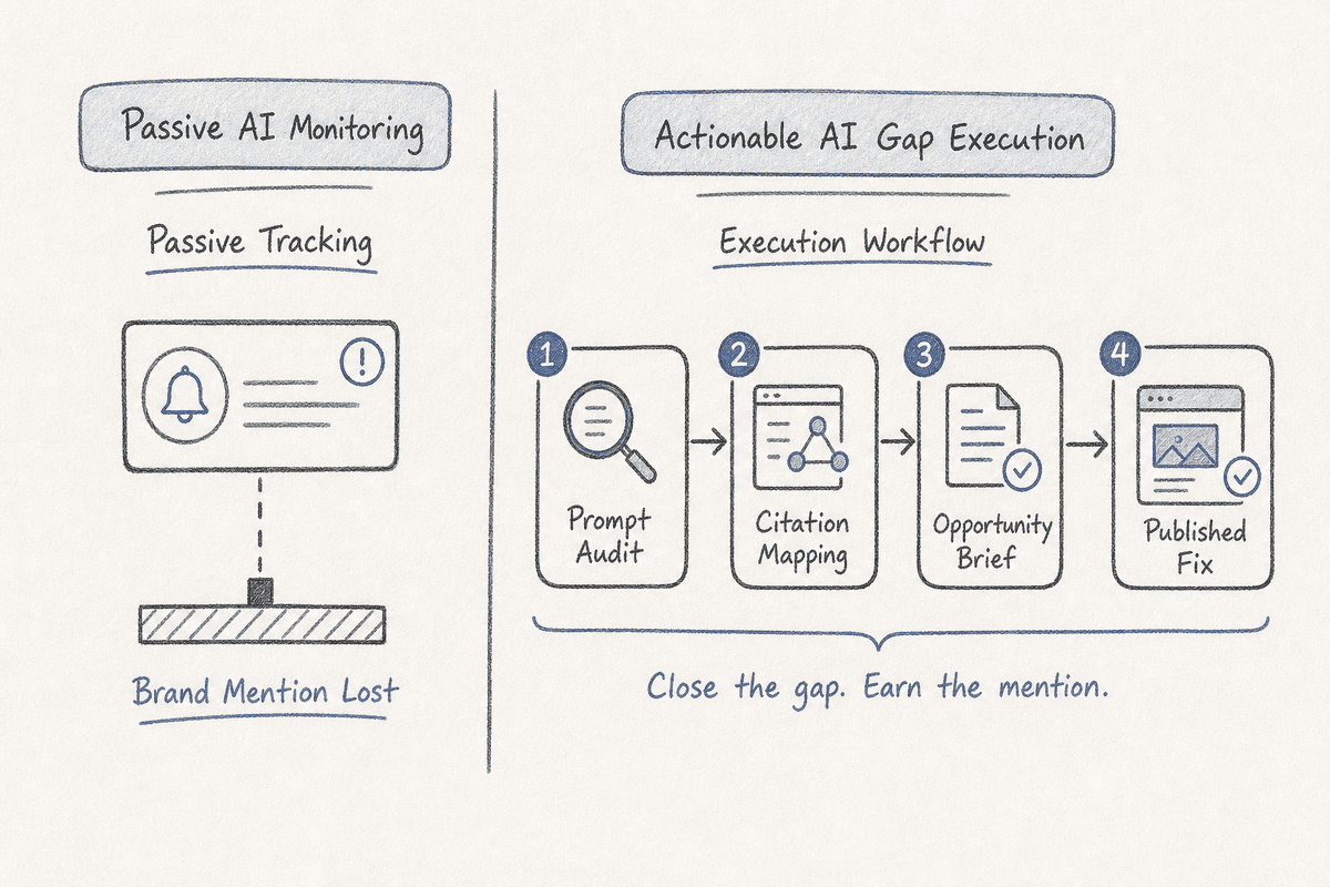 Workflow comparison showing passive AI monitoring versus actionable content gap execution.