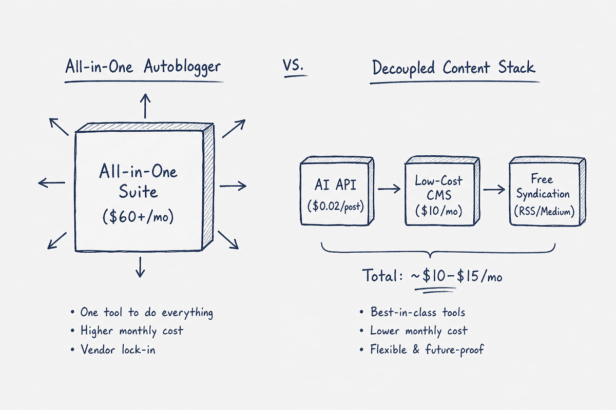 Diagram comparing costs between an all-in-one autoblogger and a decoupled content stack
