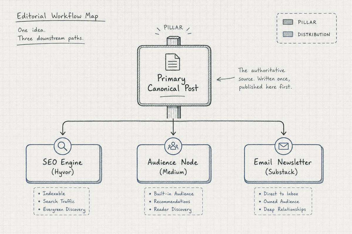 Workflow diagram showing a canonical blog post syndicating to multiple platforms