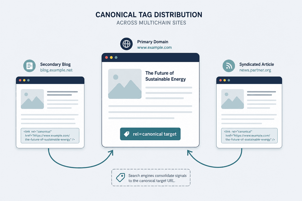 Technical schema demonstrating proper rel-canonical tagging across multiple blogging channels