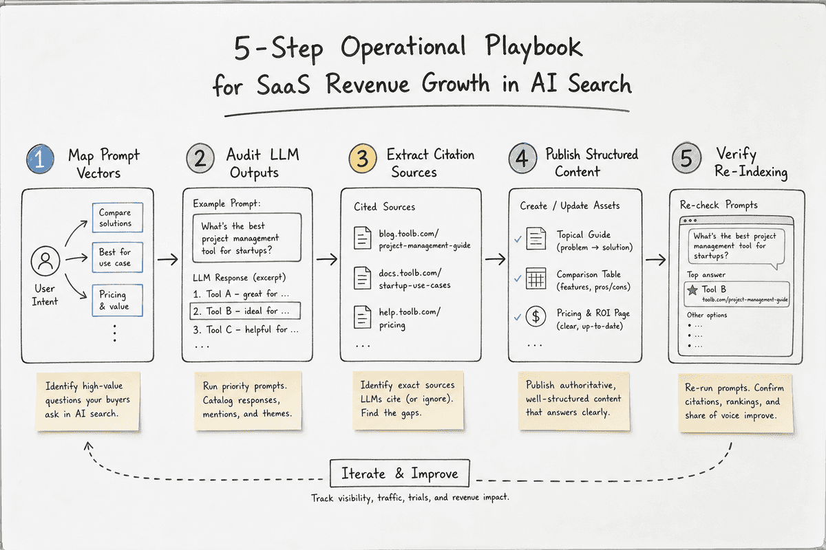 Step-by-step roadmap for turning AI search visibility gaps into SaaS pipeline revenue.