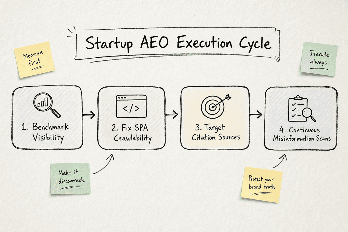 Excalidraw-style flowchart showing the four-step AEO execution cycle from technical fixes to citation targeting.