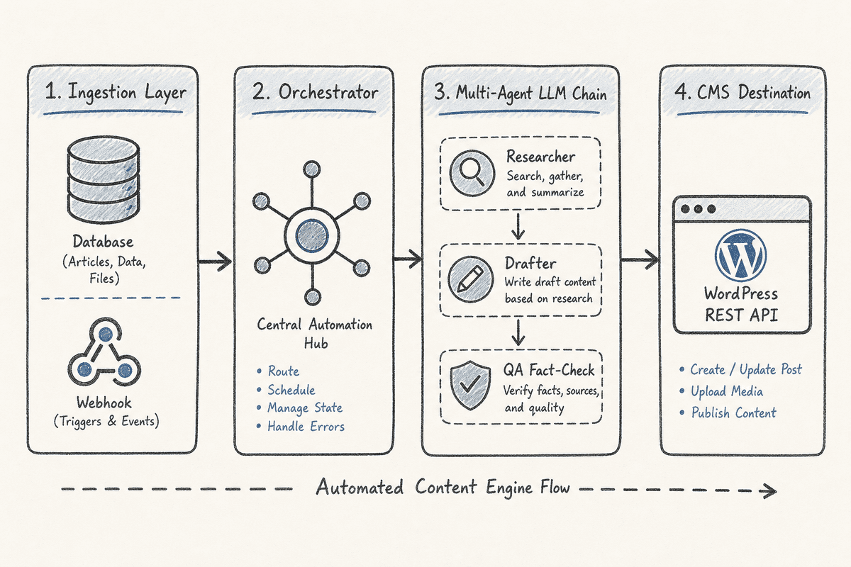 Four-stage architectural diagram of a hands-free SEO content automation pipeline from trigger to CMS