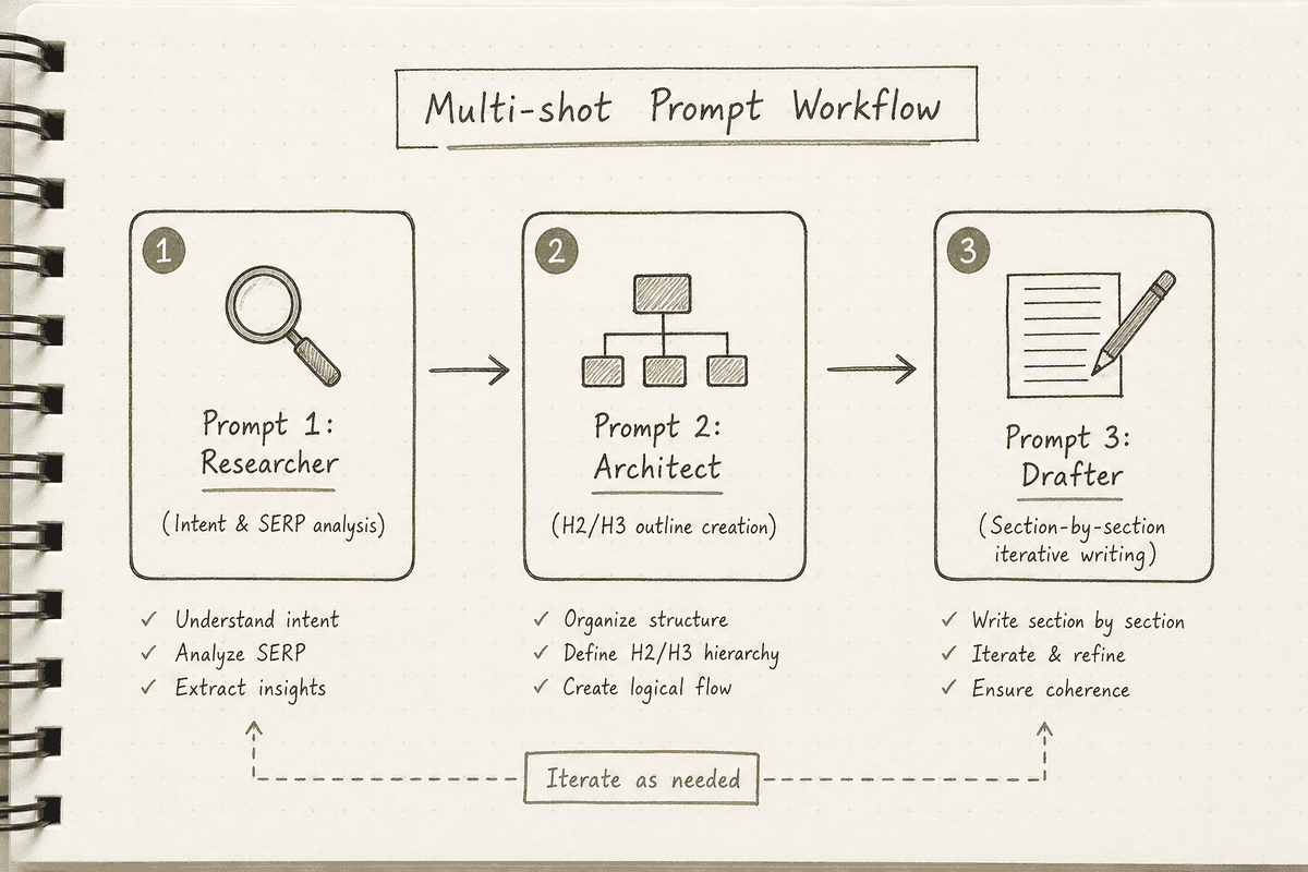 Step-by-step schematic showing an iterative multi-shot prompt chain for drafting blog sections